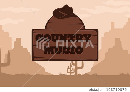 Country music poster with cowboy hat on the background of a scenic landscape. Country music poster with cowboy hat on the background of a scenic landscape. 108710076
