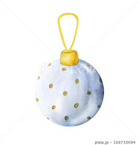 Christmas tree decoration blue glass ball hanging on golden ribbon. Watercolor Xmas ornaments illustration for decoration and design 108710094