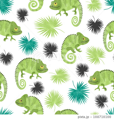 Seamless tropical pattern with green watercolor chameleons and palm leaves 108710100