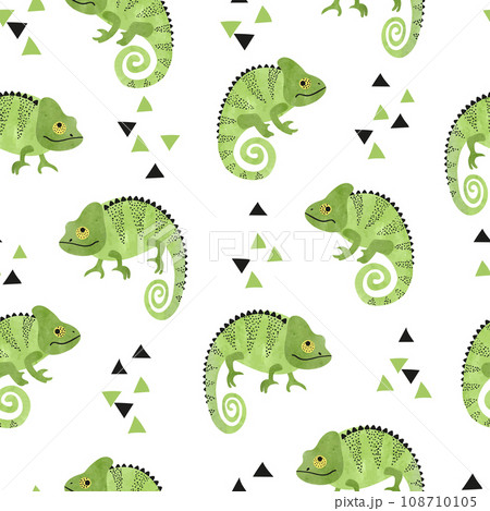 Seamless pattern with cute watercolor chameleons. Green lizards 108710105