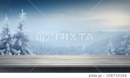 Winter snow landscape and rustic wooden table 108710168