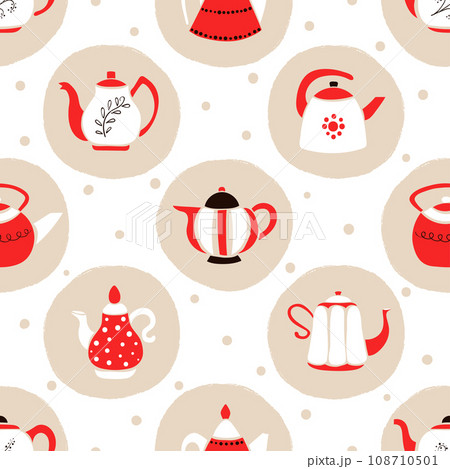 Seamless cute teapots pattern. Vector dotted tea background. 108710501