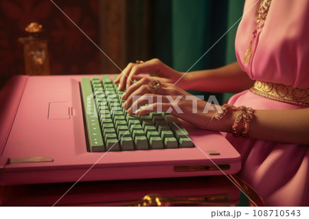 Woman using vintage computer. Generative AI 108710543