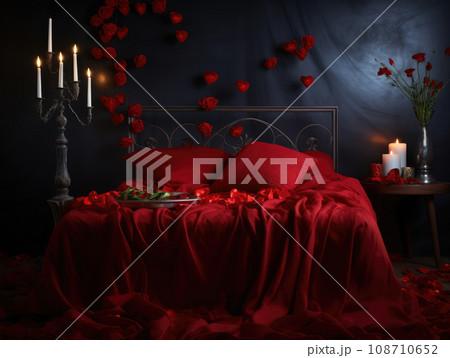 AI generation. Romantic Valentines Day background with bed with red linens, rose petals and candles. 108710652