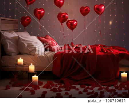 AI generation. Romantic Valentines Day background with bed with red linens, rose petals and candles. 108710653