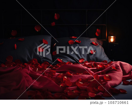 AI generation. Romantic Valentines Day background with bed with red linens, rose petals and candles. 108710661
