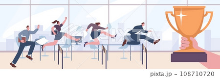 Business people running with obstacles. Cartoon flat office workers competition and run to golden cup. Bonus from boss kicky vector scene Business people running with obstacles. Cartoon flat office workers competition and run to golden cup. Bonus from boss kicky vector scene 108710720