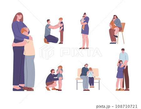 Parents support children, hugging and kissing. Crying kids, sad toddlers and teenagers and supporting adults. Healthy family relationships kicky vector set Parents support children, hugging and kissing. Crying kids, sad toddlers and teenagers and supporting adults. Healthy family relationships kicky vector set 108710721