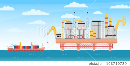 Sea gas industry concept. Oil extraction and drill technology. Tanker with storages in ocean approaches to drilling platform. Decent vector industrial scene 108710729