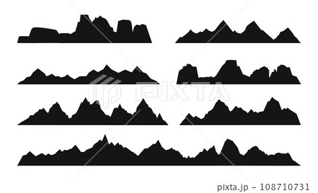 Mountain rock silhouettes. Rocks peaks, black mountains landscape shapes. Cliffs and hills valley. Adventure or sport climbing, decent nature vector set 108710731