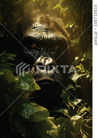 Solemn Gorilla Amidst Lush Foliage Basking in a Beam of Light. AI generation Solemn Gorilla Amidst Lush Foliage Basking in a Beam of Light. AI generation 108710833