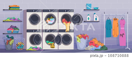 Laundry interior. Big piles of messy and dirty clothes exact vector cartoon concept 108710888