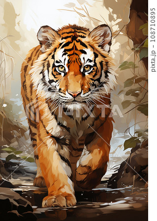 Majestic Tiger's Advance in Autumnal Forest. AI generation 108710895