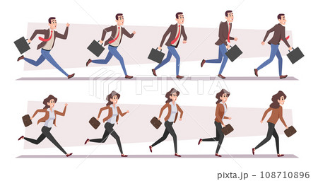Businessman in action. Active hurry people running with suitcases exact vector male and female characters 108710896