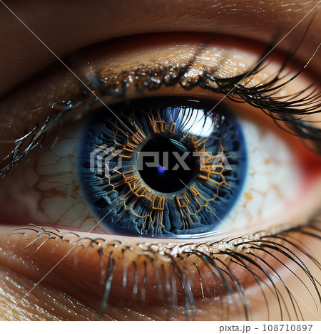 Illuminating Gaze: A Fusion of Human Eye with Golden Circuitry Patterns. AI generation 108710897