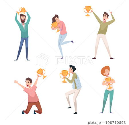 People with trophy. Happy characters athletics winners holding golden cups exact vector cartoon persons 108710898
