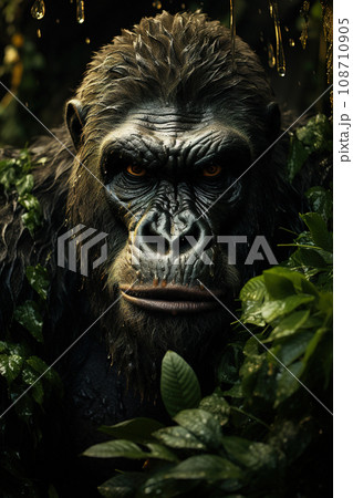 Gorilla Amidst Verdant Rain Droplets. AI generation 108710905