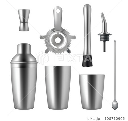 Bartender tools. Kitchenware equipment for bars and restaurants metal shaker for alcohol cocktails decent vector bartender cups 108710906