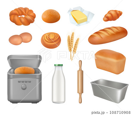 Baking bread. Kitchenware realistic tools for preparing pastry decent vector breadmaker items 108710908