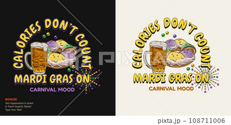 Carnival fun Mardi Gras label with full glass of beer, traditional king cake, text. For prints, clothing, t shirt, surface design. Vintage illustration with editable font style. Not AI Carnival fun Mardi Gras label with full glass of beer, traditional king cake, text. For prints, clothing, t shirt, surface design. Vintage illustration with editable font style. Not AI 108711006