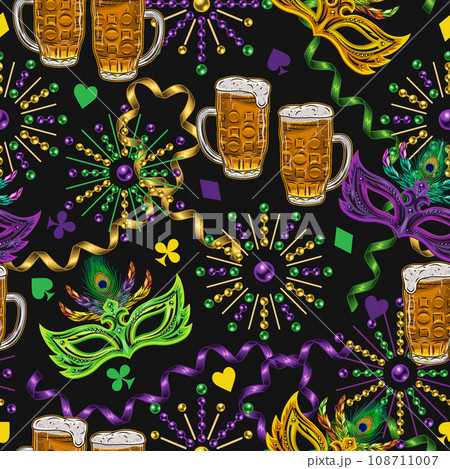Seamless Mardi Gras pattern with full glass of beer, beads, masks, trinket, card suit signs. Festive holiday design. Vintage illustration for prints, clothing, surface design. Not AI Seamless Mardi Gras pattern with full glass of beer, beads, masks, trinket, card suit signs. Festive holiday design. Vintage illustration for prints, clothing, surface design. Not AI 108711007