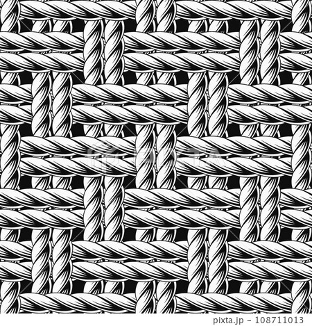Seamless black and white pattern with loose interwoven ropes. Mat, rug with traditional twill weave with two cords. Vintage style. Not AI 108711013