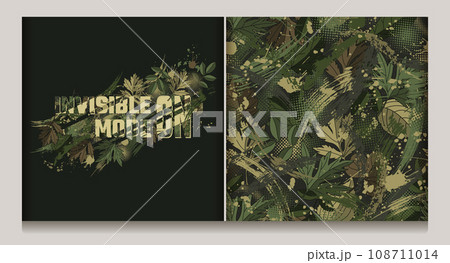 Khaki green camouflage label, pattern with lush foliage, paint splatter, smudge, brush strokes, halftone shapes, text. Dense chaotic composition Good for apparel, fabric, textile, sport goods Not AI 108711014