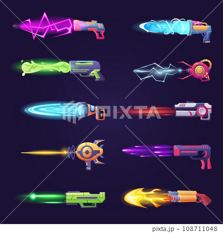 Futuristic cartoon gun. Space weapon shoot plasma, lightnings or laser rays. Blaster with flame stream, gaming handguns nowaday vector collection 108711048