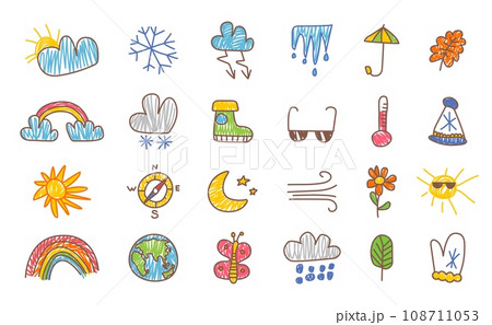 Kids drawing style weather icons. Pencil draw meteorology symbols, doodle sun, clouds, wind and snow. Earth planet and rainbow, classy vector clipart Kids drawing style weather icons. Pencil draw meteorology symbols, doodle sun, clouds, wind and snow. Earth planet and rainbow, classy vector clipart 108711053