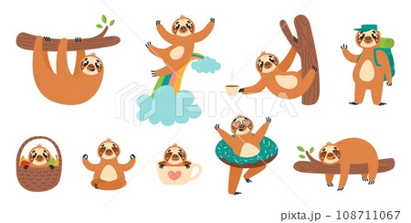 Cute lazy sloths, cartoon cloth in different poses. Isolated animal on branch, in morning cup and basket. Funny classy vector forest characters 108711067