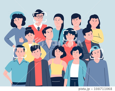 Face identification in crowd. Security technologies, biometric authentication person in public spaces. Id recognition recent vector concept 108711068