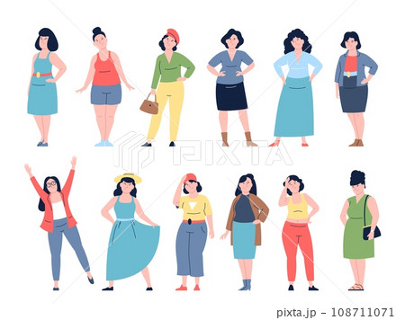 Plump women set. Plus size female, chubby stylish characters in different outfits. Curvy shapes, modern sexy body positive recent vector people Plump women set. Plus size female, chubby stylish characters in different outfits. Curvy shapes, modern sexy body positive recent vector people 108711071
