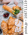 Picnic in the field with berries, juice, cheese, sausage and sweet croissants 108711119