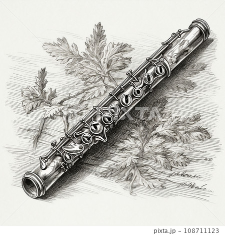 Flute, musical instrument, classical music, vintage retro black and white drawing, engraving style 108711123