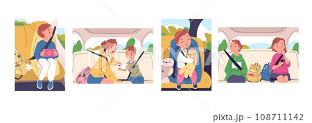 Kids inside car. Children siblings sitting in carseat or backseat with safety seatbelt, cartoon kid toddler son and daughter travel automobile transport, classy vector illustration 108711142