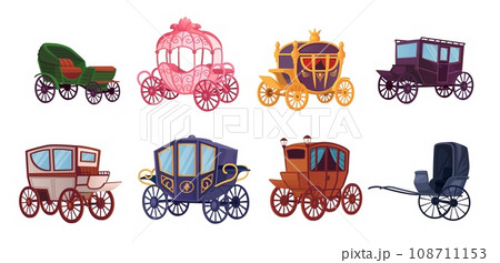 Cartoon vintage carriages. Carriage cargo wagon or royal luxury coaches, ancient cart horse victorian king chariot magic fairytale coach 108711153
