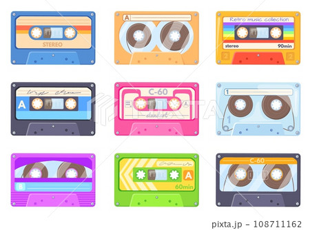 Cartoon stereo cassettes. Analogue tape cartridge compact vintage music player, old school record mixtape stereo technology, colorful audiocassette design, neat vector illustration Cartoon stereo cassettes. Analogue tape cartridge compact vintage music player, old school record mixtape stereo technology, colorful audiocassette design, neat vector illustration 108711162