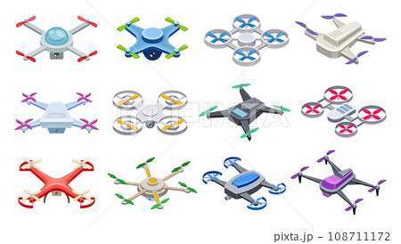 Isometric quadcopters. Different drones for delivery survey, uav surveillance unmanned helicopter with video camera remote control, house flying copter, neoteric vector illustration 108711172