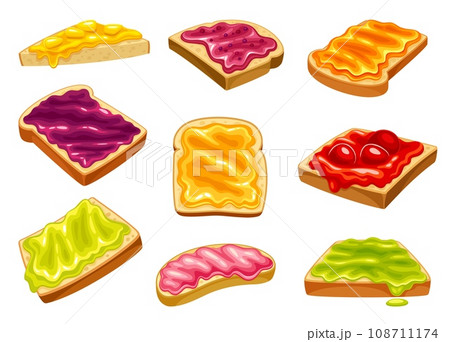 Jam toasts. Bread toast with berries jams or melting marmalade and honey, sugar apricot jelly breakfast dessert fruit pink topping, cartoon neoteric vector illustration Jam toasts. Bread toast with berries jams or melting marmalade and honey, sugar apricot jelly breakfast dessert fruit pink topping, cartoon neoteric vector illustration 108711174