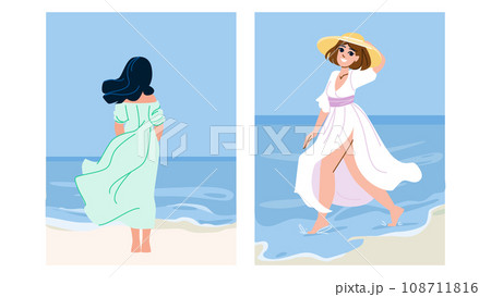 sand woman walking beach vector 108711816