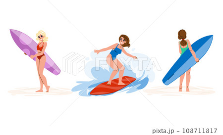 sea woman surfing beach vector 108711817
