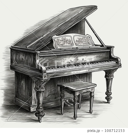 Piano, musical instrument, classical music, vintage retro black and white drawing, engraving style 108712153