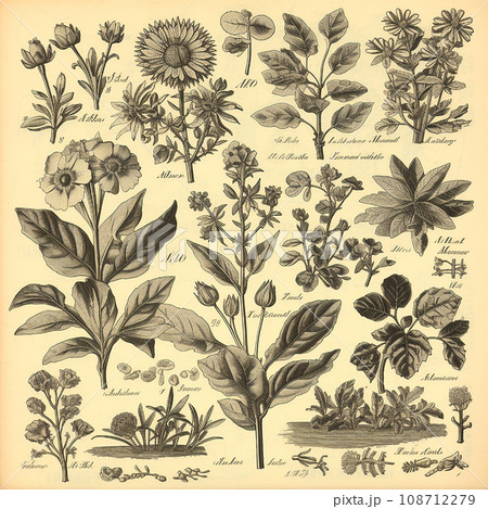 Antique retro book page an with a guide to plants and flowers, black and white drawing engraving style 108712279