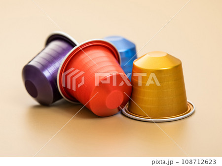 Macro aluminium coffee capsules pods for machine. Fresh organic coffee taste 108712623
