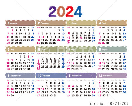 刺繍文字風の2024年の年間カレンダー 日曜始まり_横位置 108712707