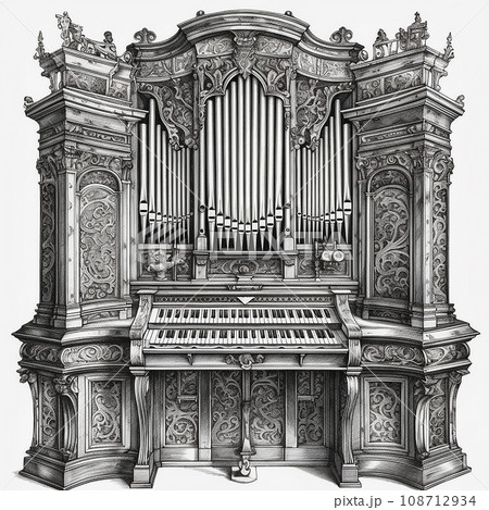Organ, musical instrument, classical music, vintage retro black and white drawing, engraving style 108712934