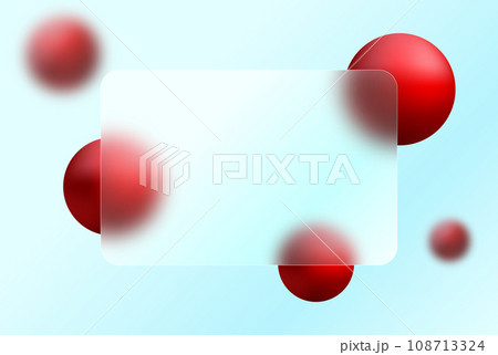 Abstract background with dynamic balls under a transparent matte frame on a light background. Glass overlay effect banner with 3D red vector balls in glass morphism style. Vector illustration. 108713324