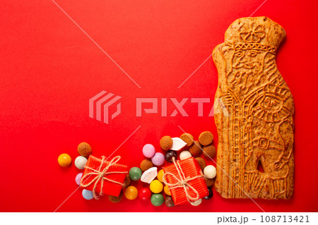 St. Nicolas biscuite and traditional dutch coocies on white background. 5th December holiday in the Netherlands 108713421