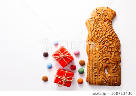 St. Nicolas biscuite and traditional dutch coocies on white background. 5th December holiday in the Netherlands 108713430