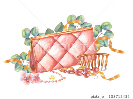 Handbag and accessories for parties, weddings, visits. Clutch, hairpin, dangle earrings, gold ribbons, hydrangea flower, eucalyptus branches. Watercolor illustration for your design. Female fashion. 108713433
